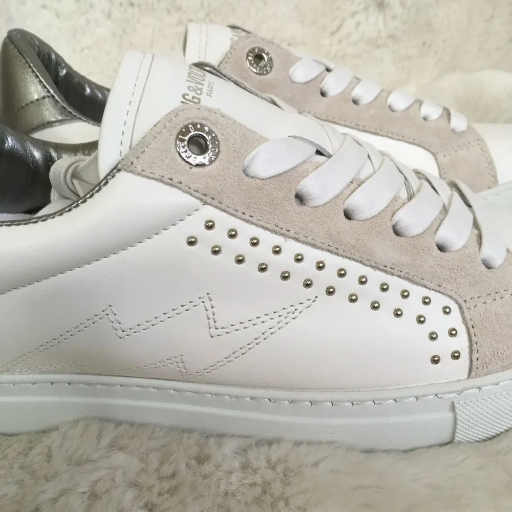 NEW ZADIG & VOLTAIRE White Leather Lightning Bolt Studded Sneakers Size 10